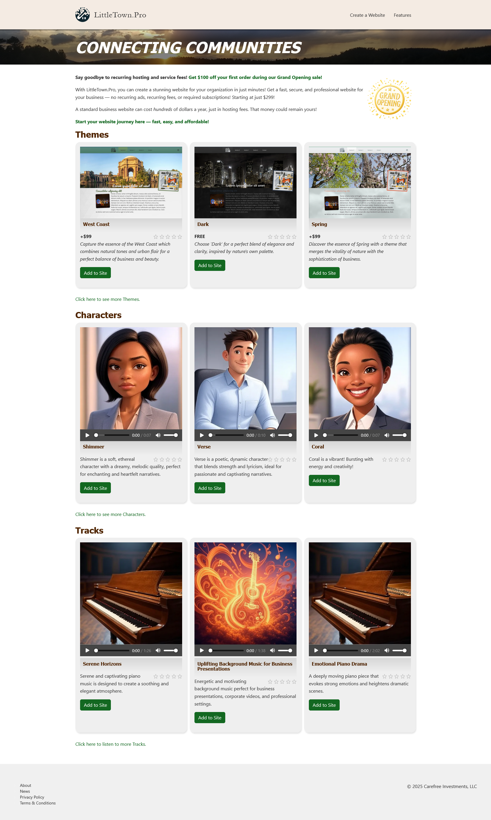 Full screenshot of LittleTown.Pro website with Views of various entities